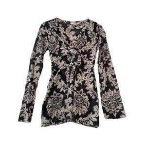 SALE Johnny Heaven Black Damask Sheer Knot Front‎ Blouse Womens XL 00067